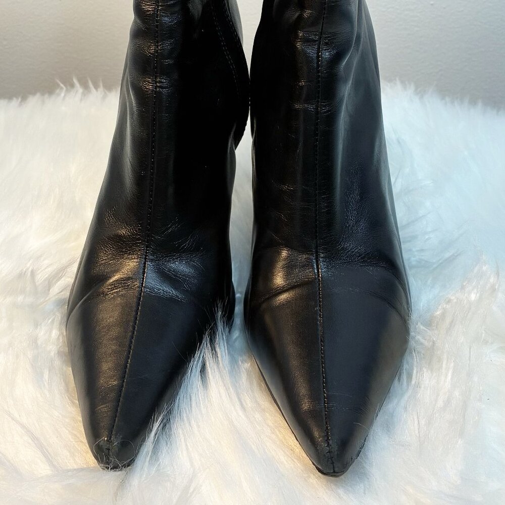 Vintage Black Leather Pointed Toe Stiletto Mid-Calf Boots, Size 8 ½